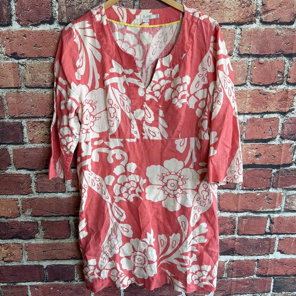 Boden 100 % Linen Red White Chrysanthemum Print Tunic Dress Size 14R Womens